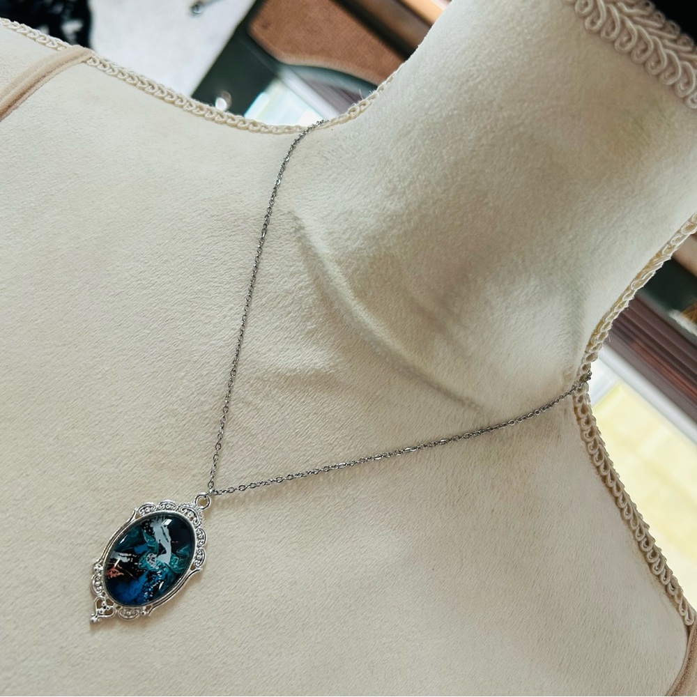 Handcrafted multi tone oval cabochon pendant on chain necklace